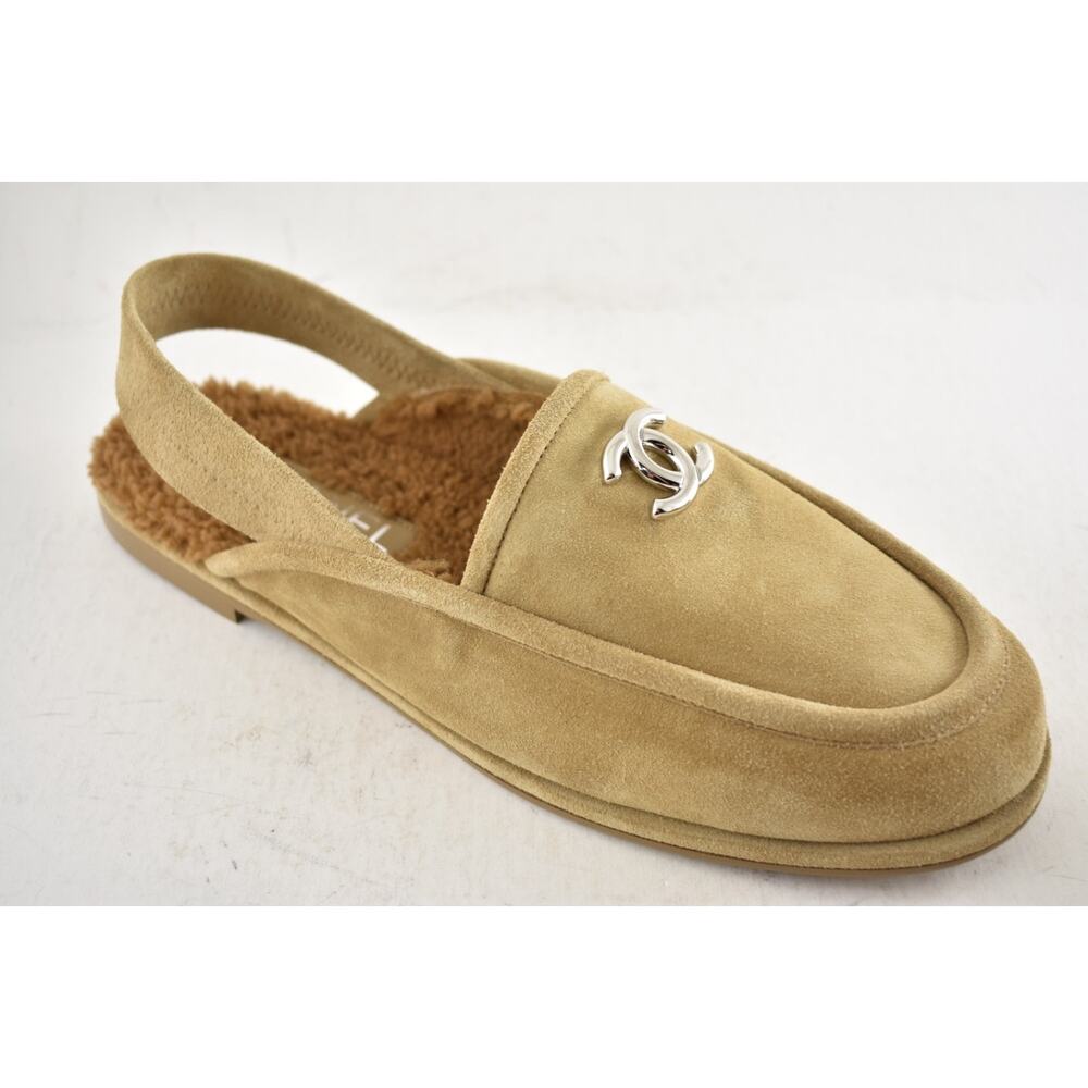 Chanel Dark Beige Suede Shearling CC Moccasin Ballet Slingback Loafer Flat 40 - Picture 6 of 16